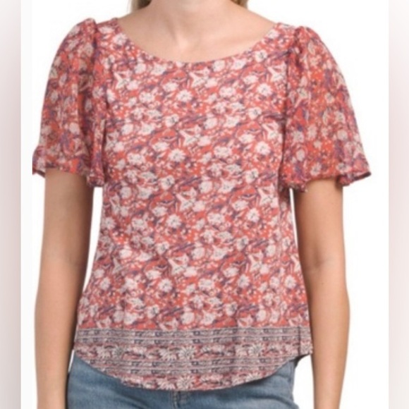 Lucky Brand Mixed Media Flutter Sleeve Floral Lightweight Color:Orange Size:M - Picture 1 of 10